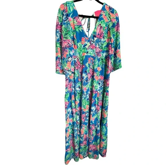 Lilly Pulitzer Rease Maxi Dress Butterfly Floral Print V Neck Tie Back Size 8 - Picture 3 of 12
